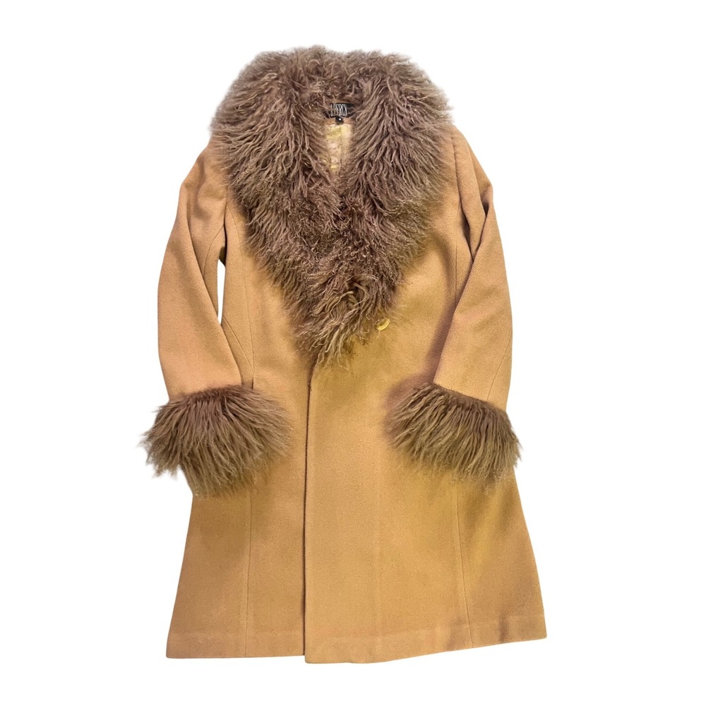 J PERCY Vintage Women Camel Fur Collar & Cuffs Wool‎ Blend Coat Size 8